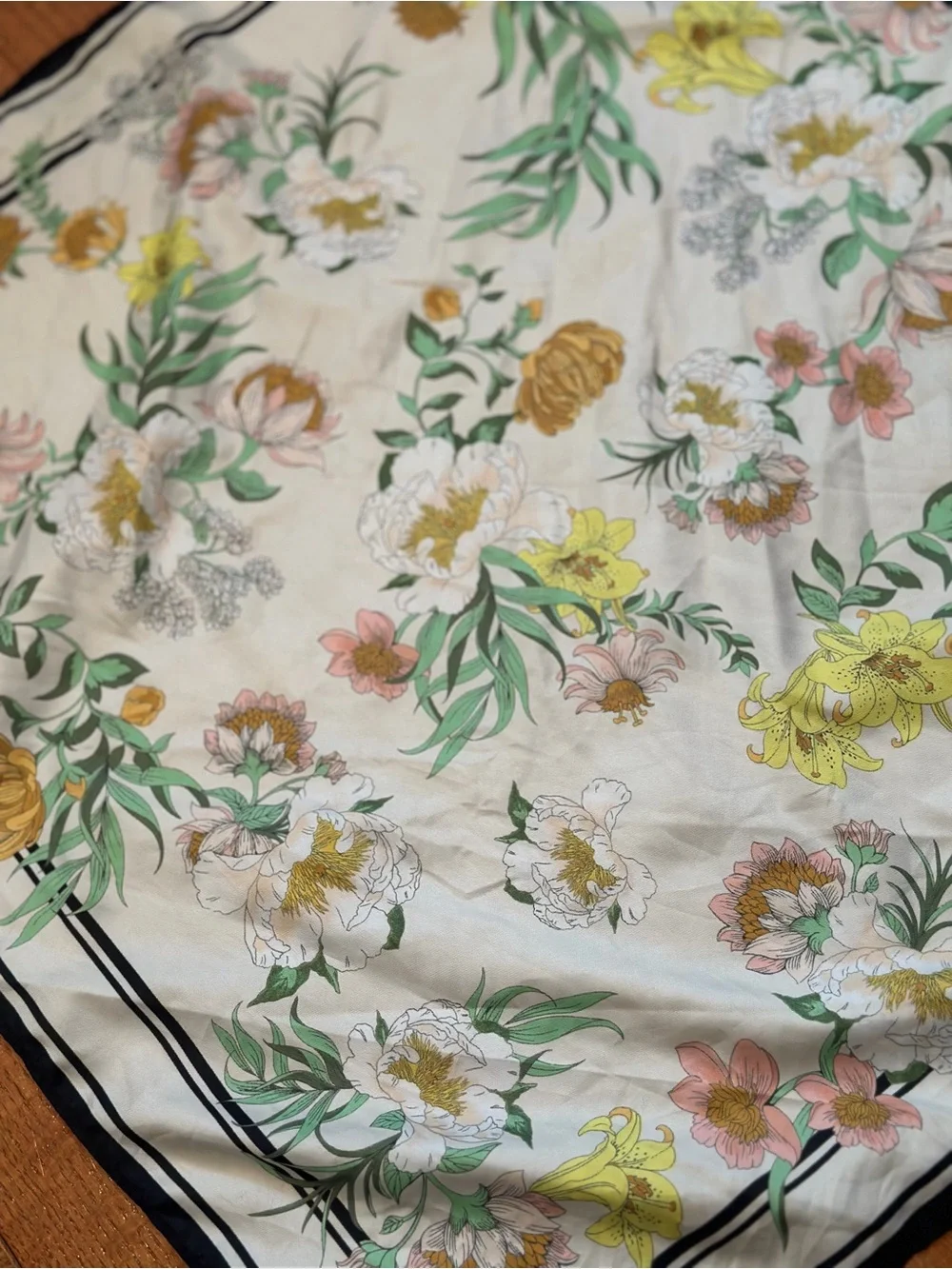 Vintage Style Floral Botanical Square Scarf 22x22 Ivory Black Border Hair Neck